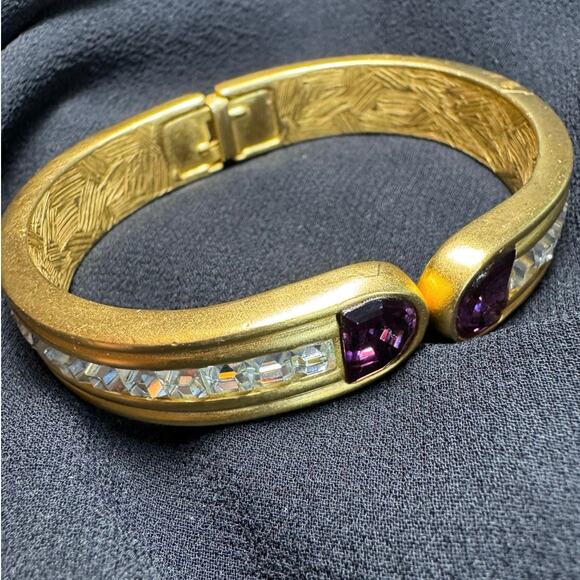 Vintage Givenchy Gold-Tone Cuff Bracelet w/ Purple & Clear Crystals - Picture 2 of 10